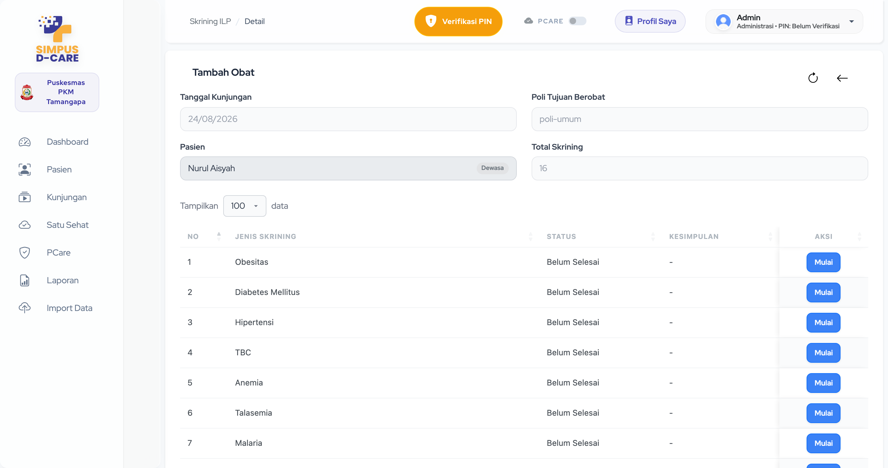 Layar SIMPUS D-Care pada tahap Skrining &amp; Kajian Awal