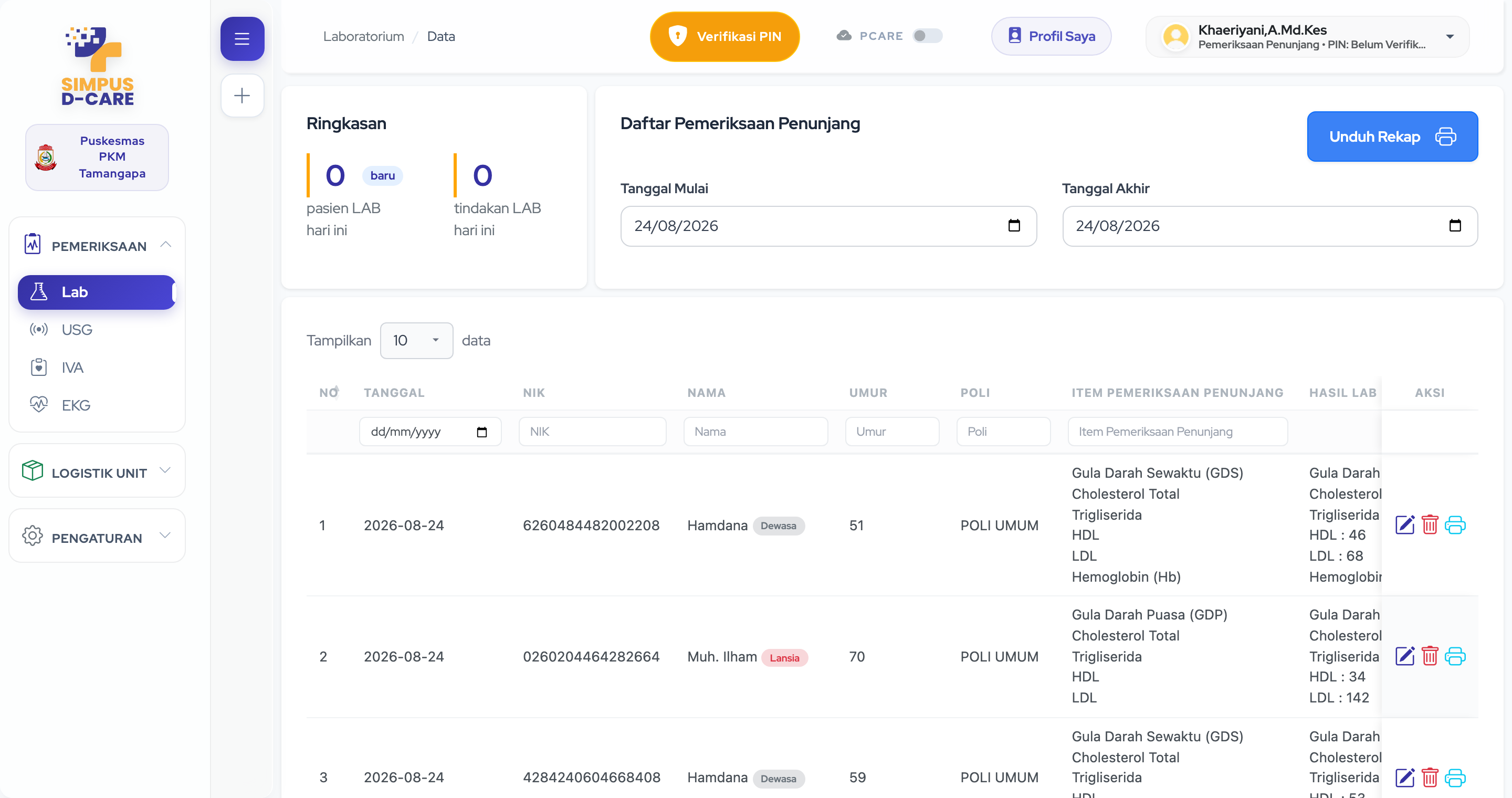 Layar SIMPUS D-Care pada tahap Penunjang &amp; Tindakan