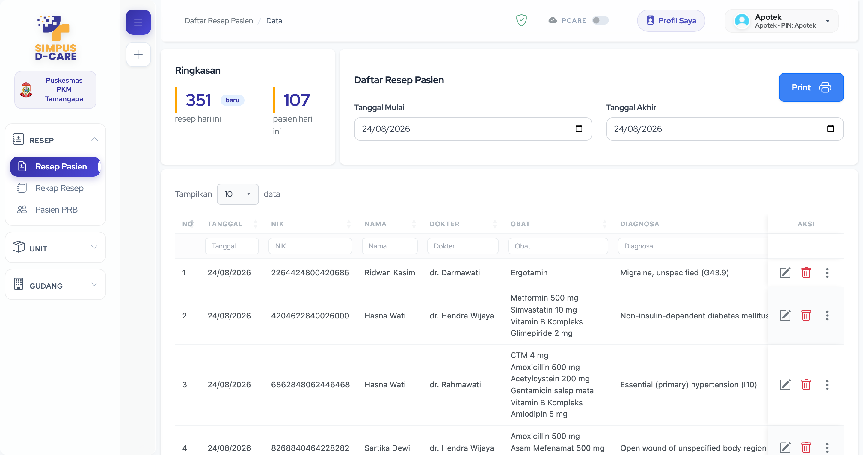 Layar SIMPUS D-Care pada tahap Apotek